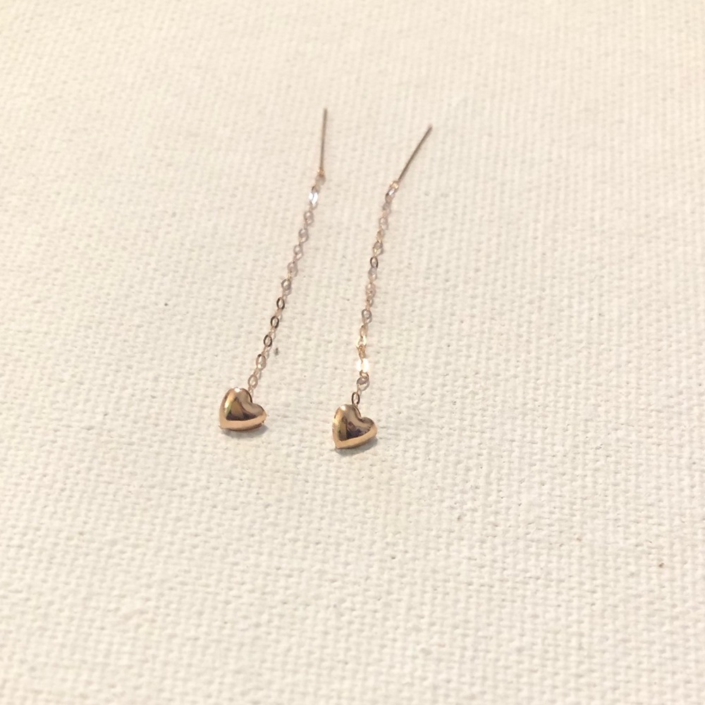 18K Solid Gold Heart Dangling Chain Earrings